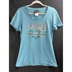 Y2K Harley Davidson T-Shirt Womens XL Aqua Blue Cotton Meridian MS VNeck Graphic